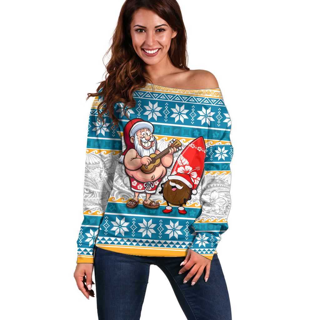 Custom Hawaii Mele Kalikimaka Off Shoulder Sweater Funny Santa and Coconut Mix Kakau Pattern LT03 Women Blue - Polynesian Pride