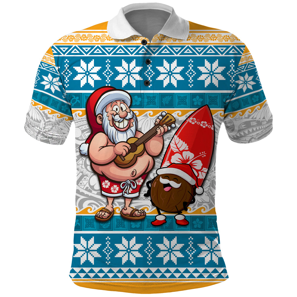 Custom Hawaii Mele Kalikimaka Polo Shirt Funny Santa and Coconut Mix Kakau Pattern LT03 Blue - Polynesian Pride