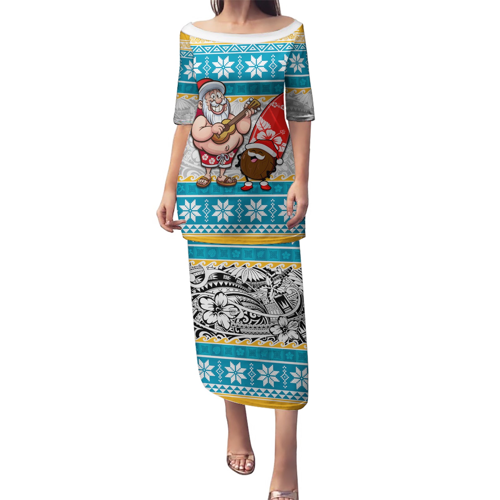 Custom Hawaii Mele Kalikimaka Puletasi Funny Santa and Coconut Mix Kakau Pattern LT03 Long Dress Blue - Polynesian Pride