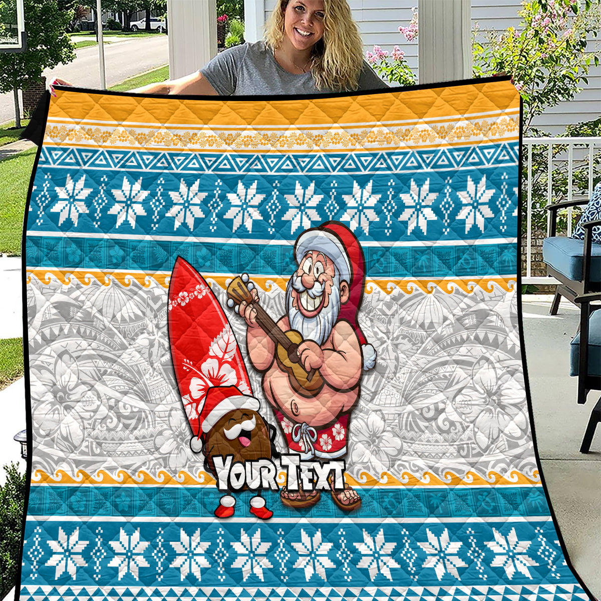 Custom Hawaii Mele Kalikimaka Quilt Funny Santa and Coconut Mix Kakau Pattern LT03 Blue - Polynesian Pride