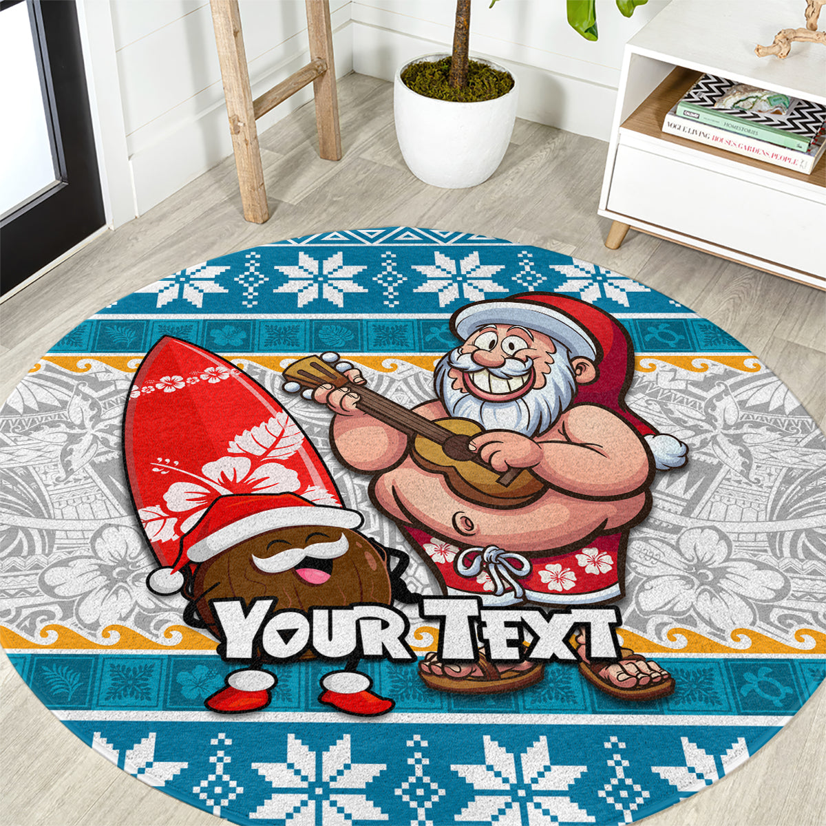 Custom Hawaii Mele Kalikimaka Round Carpet Funny Santa and Coconut Mix Kakau Pattern LT03 Blue - Polynesian Pride