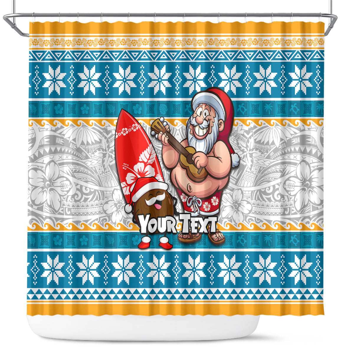 Custom Hawaii Mele Kalikimaka Shower Curtain Funny Santa and Coconut Mix Kakau Pattern LT03 Blue - Polynesian Pride