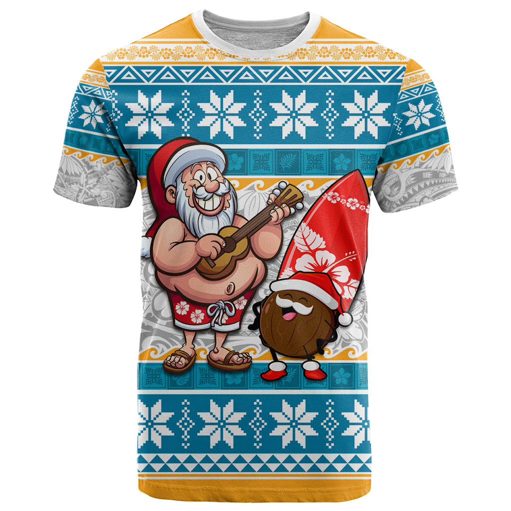 Custom Hawaii Mele Kalikimaka T Shirt Funny Santa and Coconut Mix Kakau Pattern LT03 Blue - Polynesian Pride