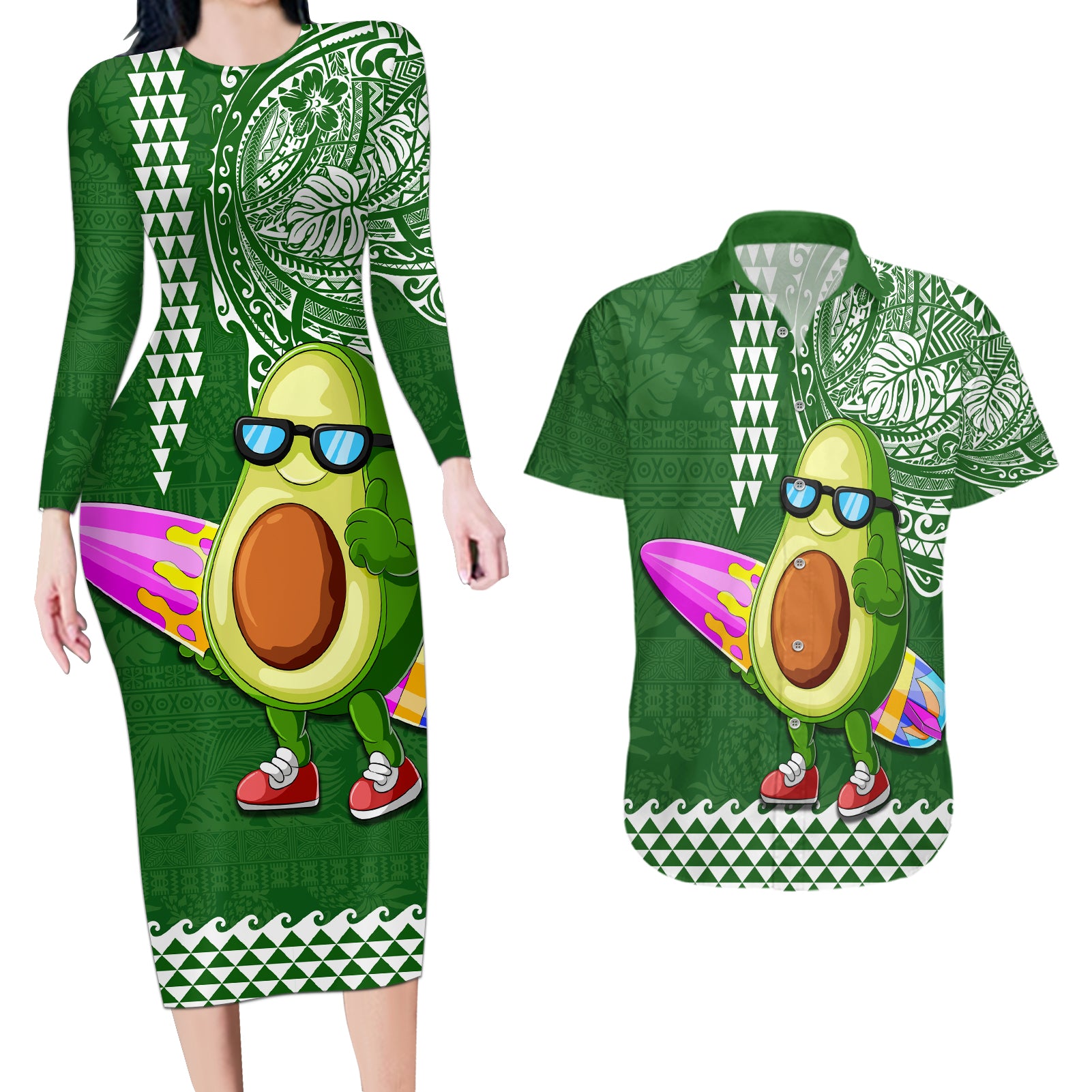 Hawaii Couples Matching Long Sleeve Bodycon Dress and Hawaiian Shirt Aloha Funny Avocado Mix Kakau Hawaiian Tribal LT03 Green - Polynesian Pride