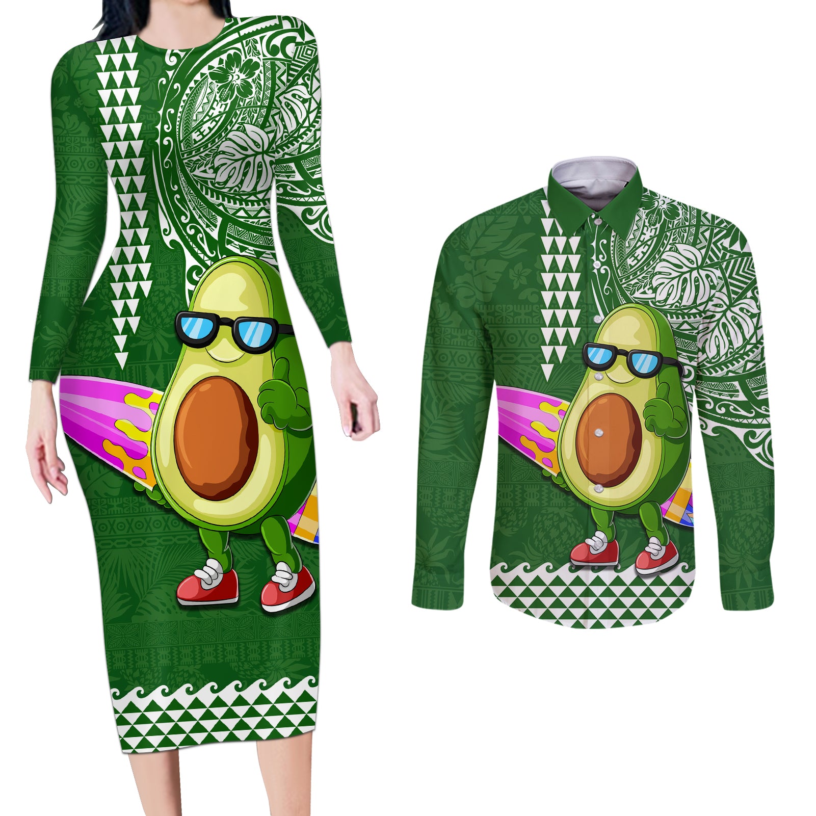 Hawaii Couples Matching Long Sleeve Bodycon Dress and Long Sleeve Button Shirt Aloha Funny Avocado Mix Kakau Hawaiian Tribal LT03 Green - Polynesian Pride