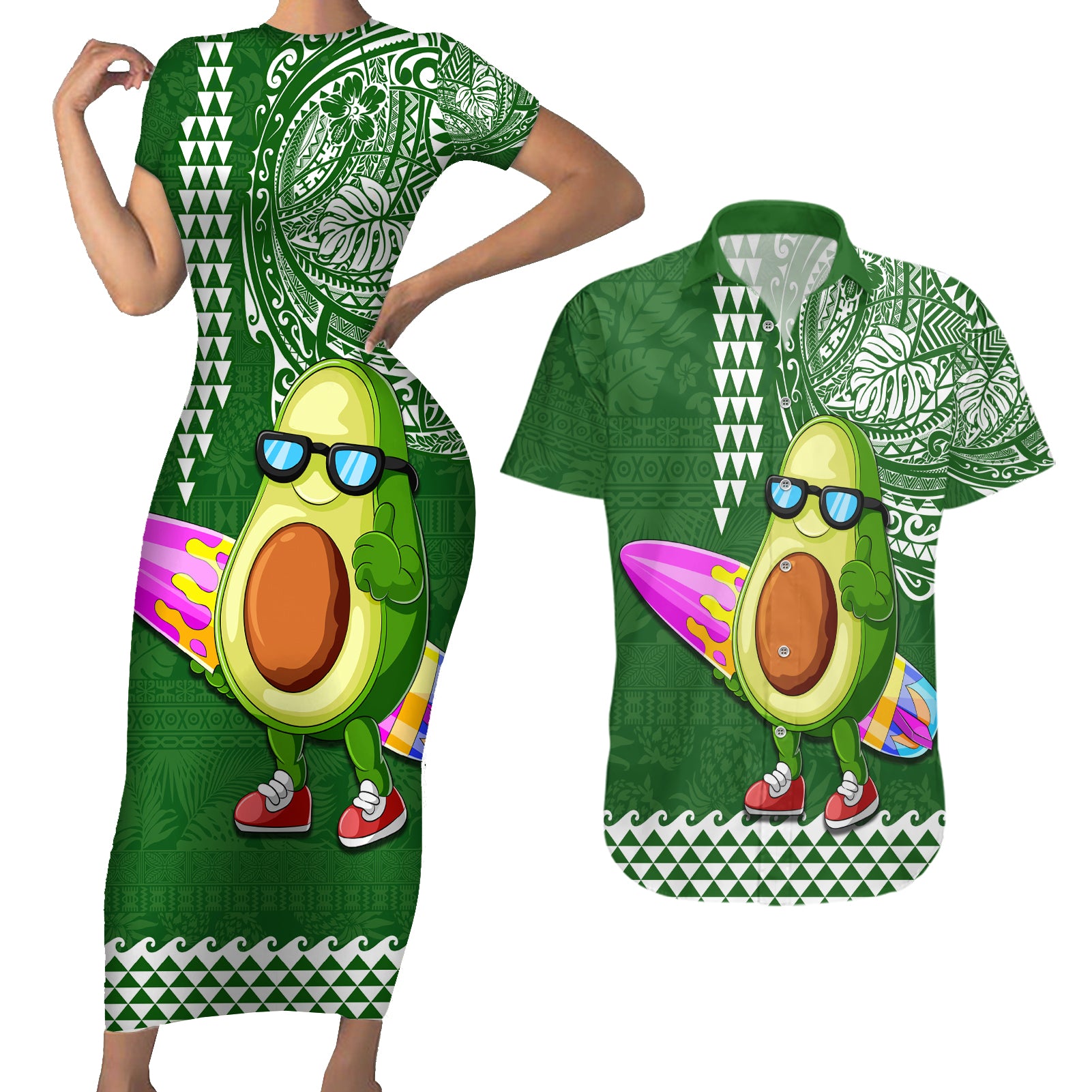 Hawaii Couples Matching Short Sleeve Bodycon Dress and Hawaiian Shirt Aloha Funny Avocado Mix Kakau Hawaiian Tribal LT03 Green - Polynesian Pride