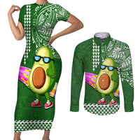 Hawaii Couples Matching Short Sleeve Bodycon Dress and Long Sleeve Button Shirt Aloha Funny Avocado Mix Kakau Hawaiian Tribal LT03 Green - Polynesian Pride