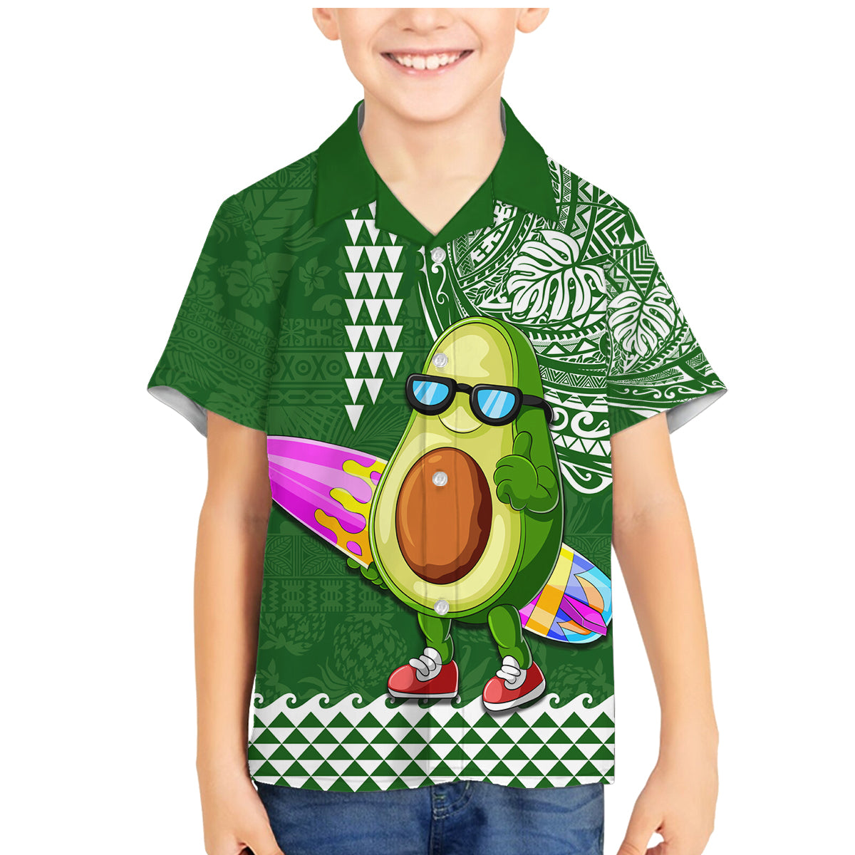 Hawaii Family Matching Mermaid Dress and Hawaiian Shirt Aloha Funny Avocado Mix Kakau Hawaiian Tribal LT03 Son's Shirt Green - Polynesian Pride
