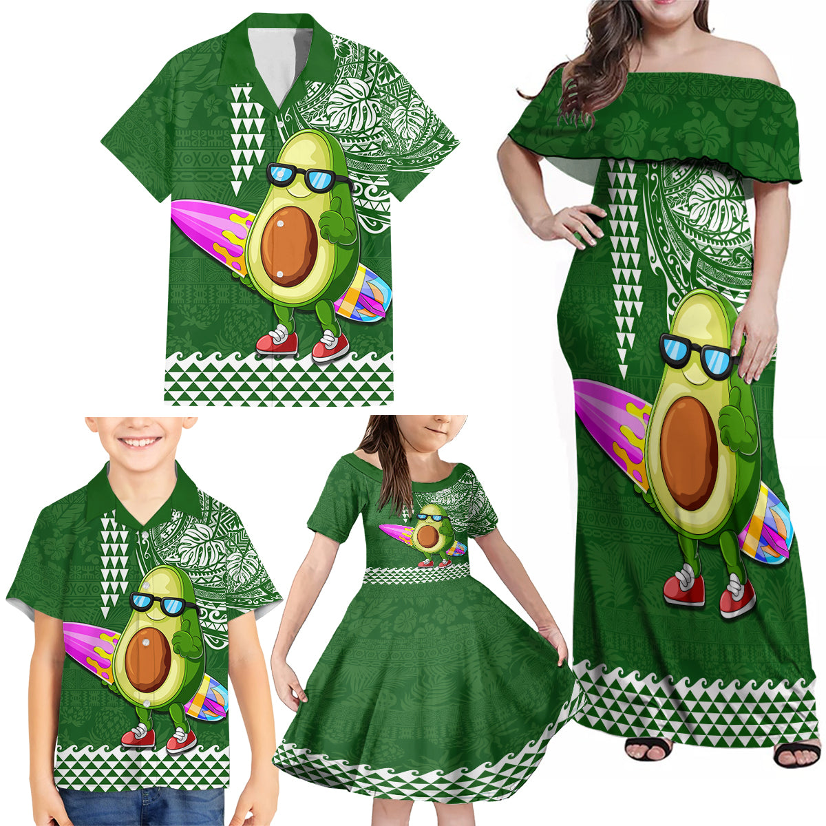 Hawaii Family Matching Off Shoulder Maxi Dress and Hawaiian Shirt Aloha Funny Avocado Mix Kakau Hawaiian Tribal LT03 - Polynesian Pride