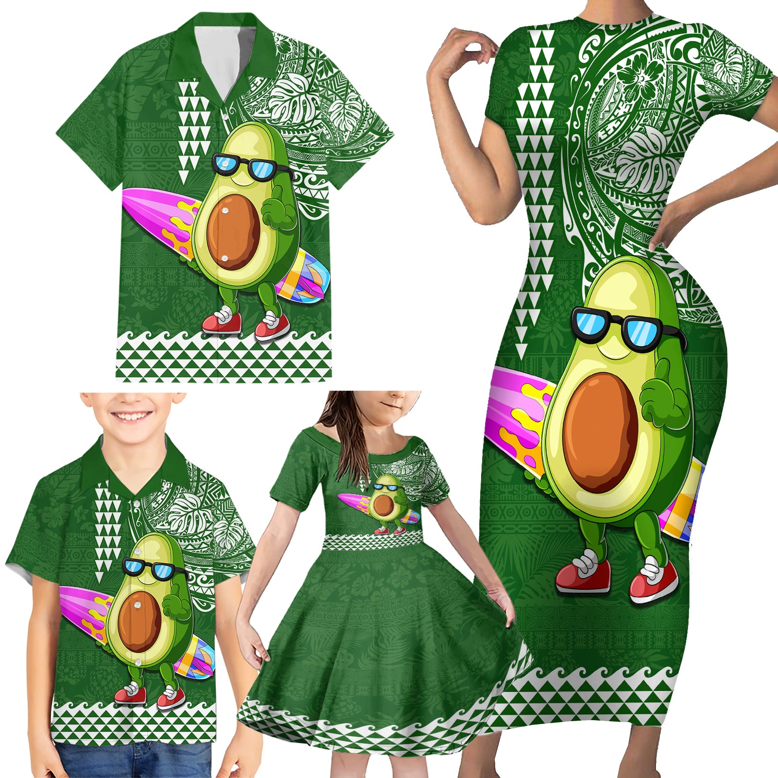 Hawaii Family Matching Short Sleeve Bodycon Dress and Hawaiian Shirt Aloha Funny Avocado Mix Kakau Hawaiian Tribal LT03 - Polynesian Pride