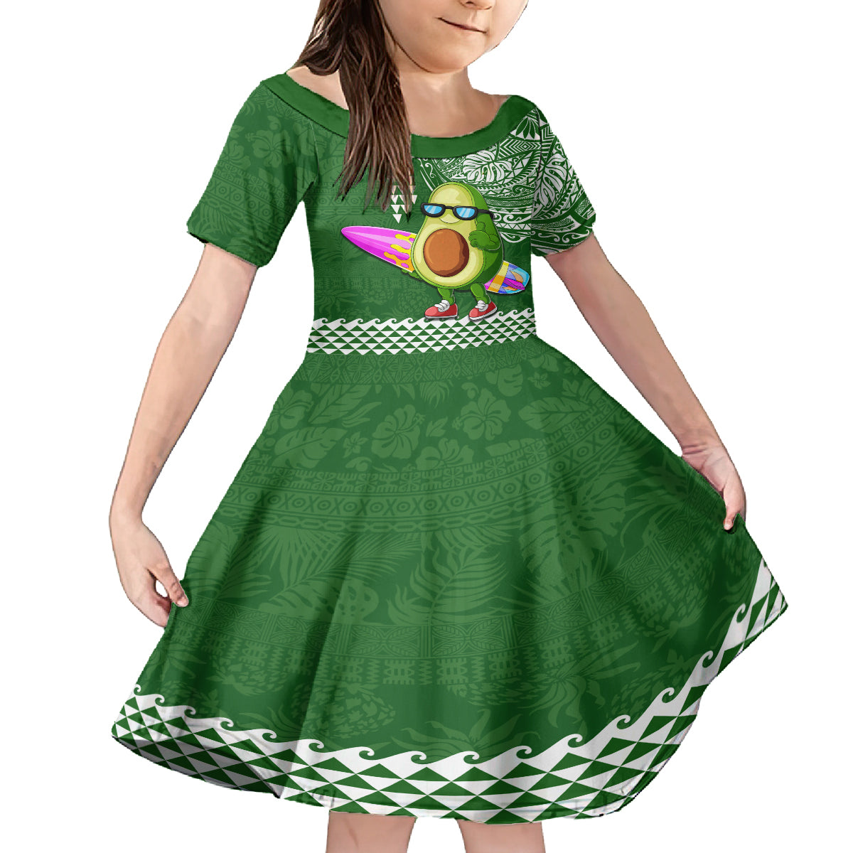 Hawaii Family Matching Summer Maxi Dress and Hawaiian Shirt Aloha Funny Avocado Mix Kakau Hawaiian Tribal LT03 Daughter's Dress Green - Polynesian Pride