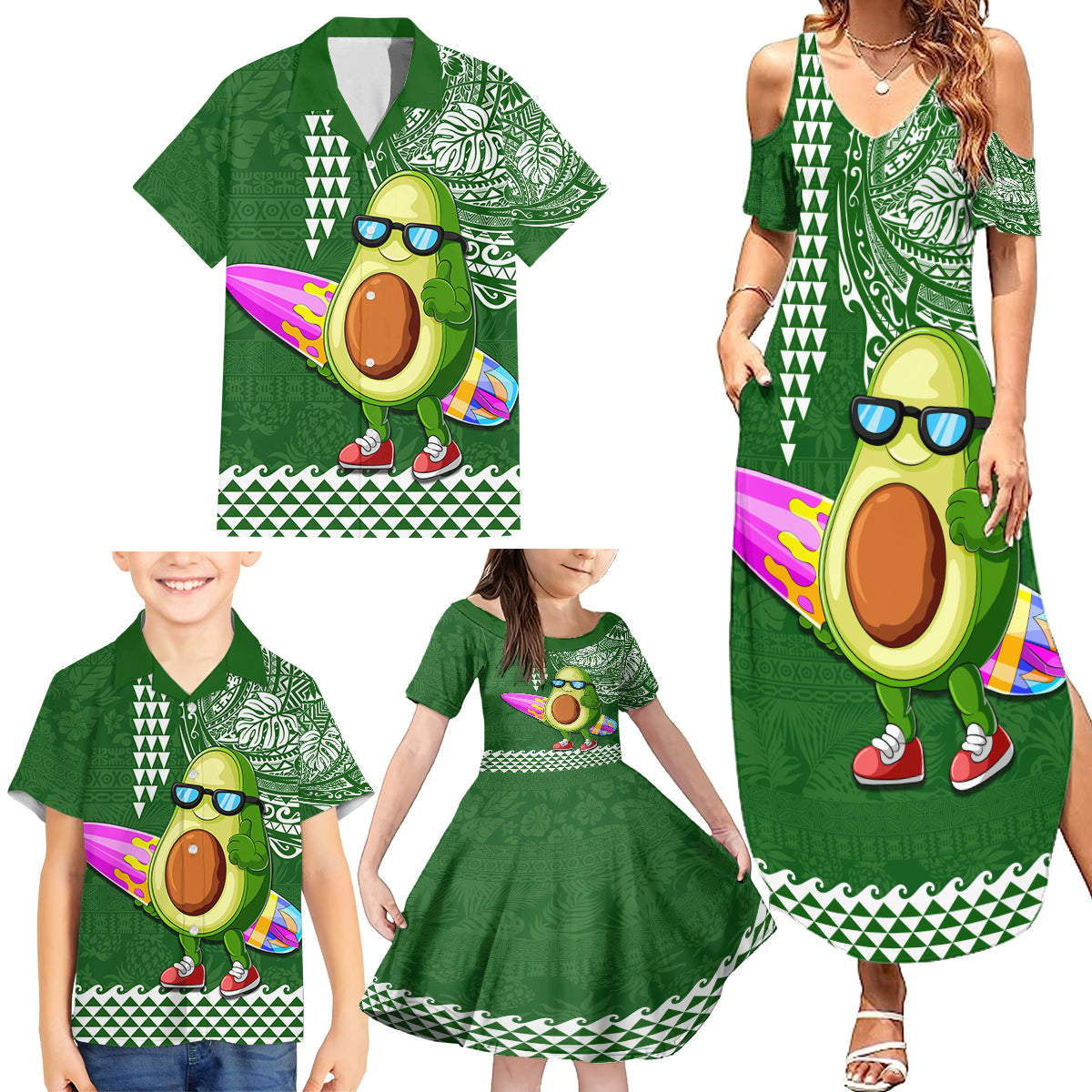 Hawaii Family Matching Summer Maxi Dress and Hawaiian Shirt Aloha Funny Avocado Mix Kakau Hawaiian Tribal LT03 - Polynesian Pride