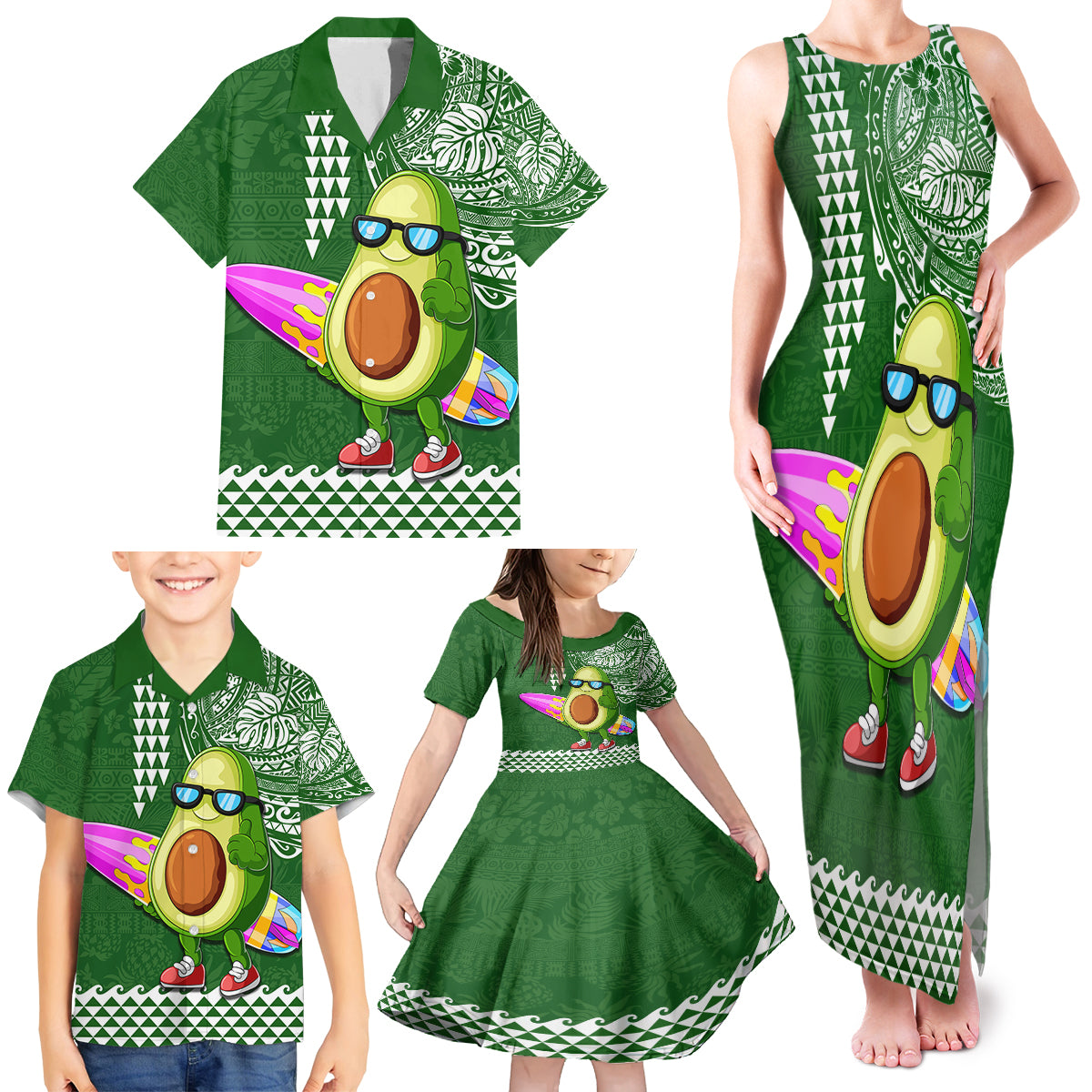 Hawaii Family Matching Tank Maxi Dress and Hawaiian Shirt Aloha Funny Avocado Mix Kakau Hawaiian Tribal LT03 - Polynesian Pride