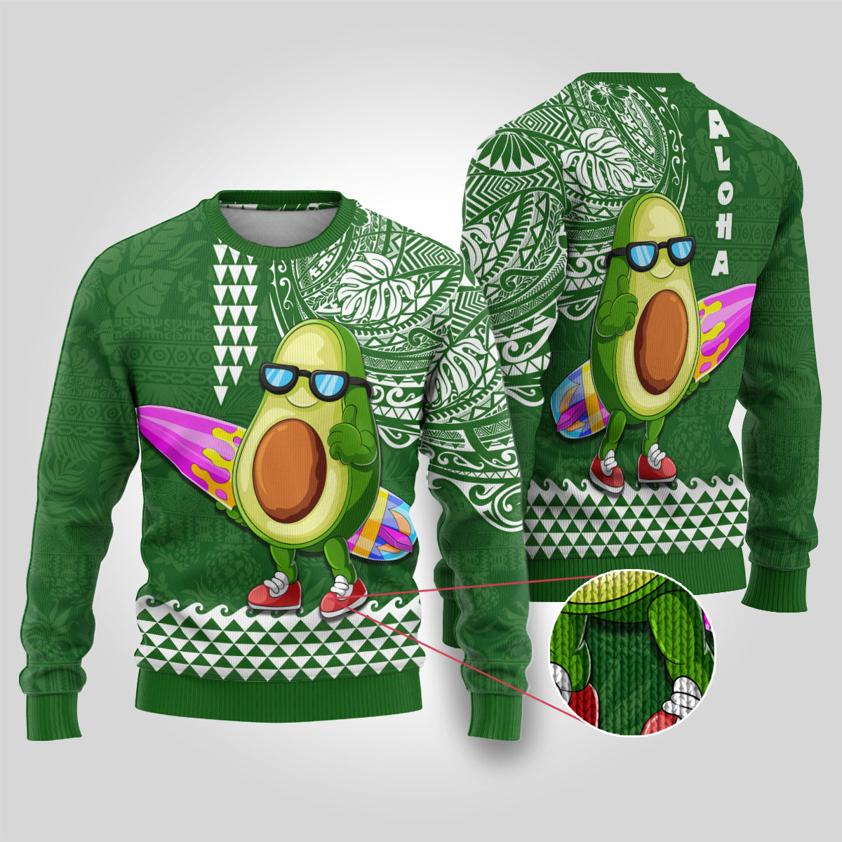 Hawaii Ugly Christmas Sweater Aloha Funny Avocado Mix Kakau Hawaiian Tribal LT03 Green - Polynesian Pride