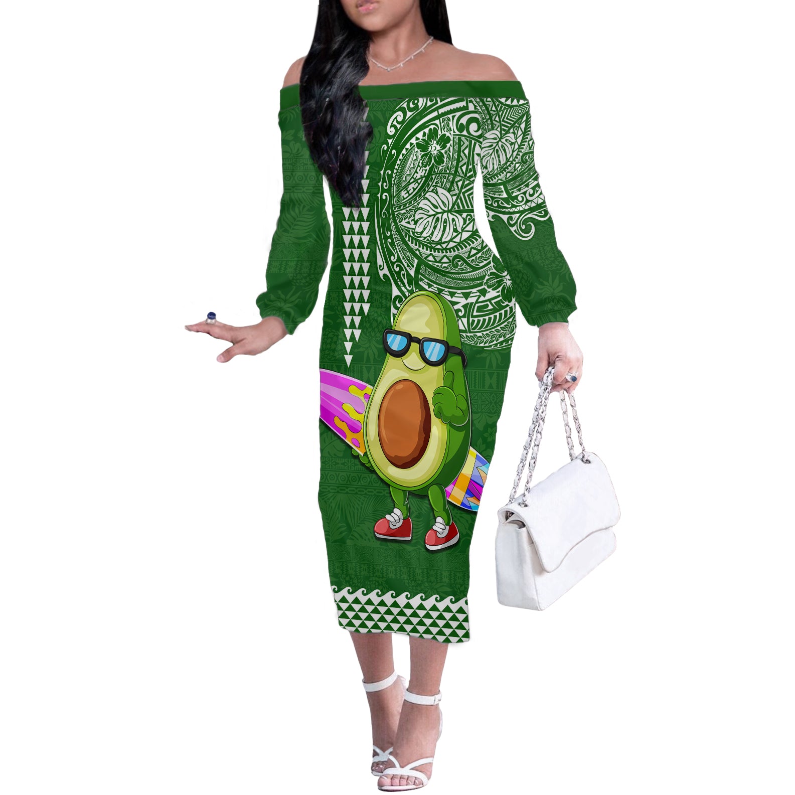 Hawaii Off The Shoulder Long Sleeve Dress Aloha Funny Avocado Mix Kakau Hawaiian Tribal LT03 Women Green - Polynesian Pride