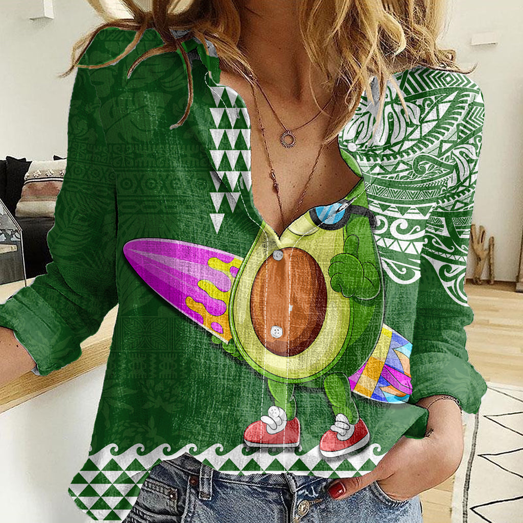 Hawaii Women Casual Shirt Aloha Funny Avocado Mix Kakau Hawaiian Tribal LT03 Female Green - Polynesian Pride