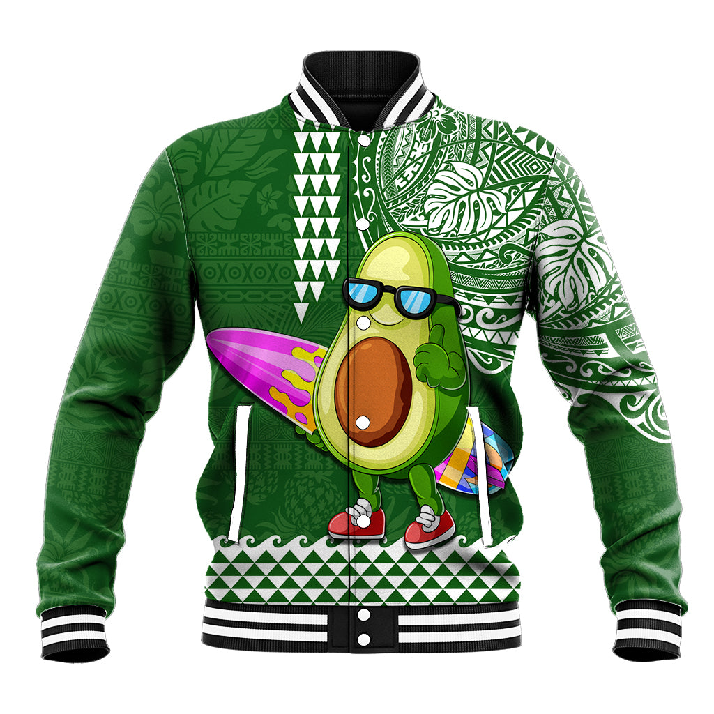 Aloha Avocado Funny Fruits Custom Baseball Jacket Mix Hawaiian Kakau Tribal LT03 Unisex Green - Polynesian Pride