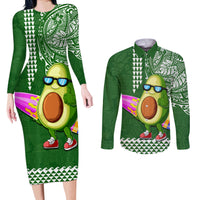 Aloha Avocado Funny Fruits Custom Couples Matching Long Sleeve Bodycon Dress and Long Sleeve Button Shirt Mix Hawaiian Kakau Tribal LT03 Green - Polynesian Pride