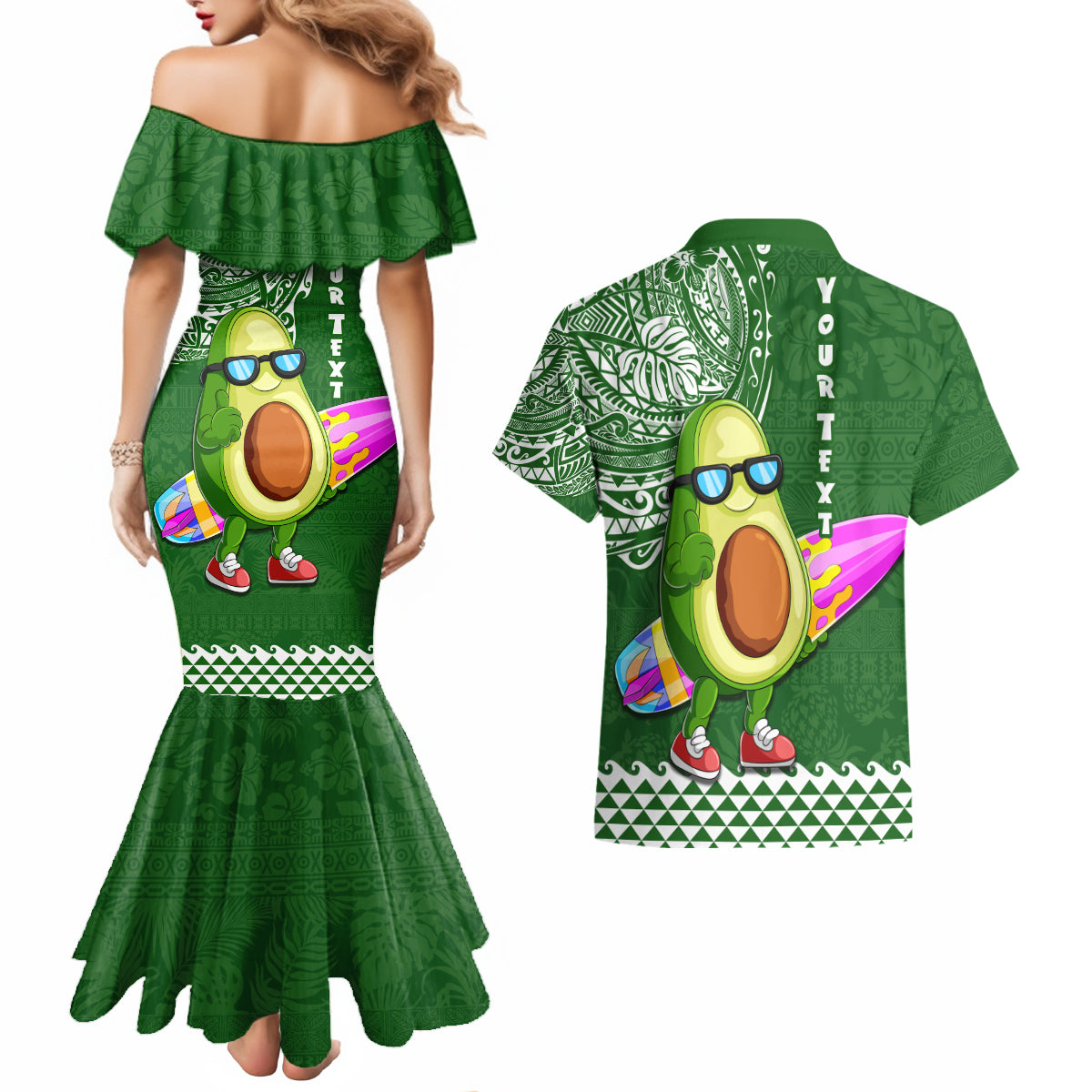 Aloha Avocado Funny Fruits Custom Couples Matching Mermaid Dress and Hawaiian Shirt Mix Hawaiian Kakau Tribal LT03 - Polynesian Pride