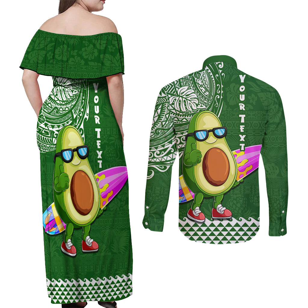 Aloha Avocado Funny Fruits Custom Couples Matching Off Shoulder Maxi Dress and Long Sleeve Button Shirt Mix Hawaiian Kakau Tribal LT03 - Polynesian Pride