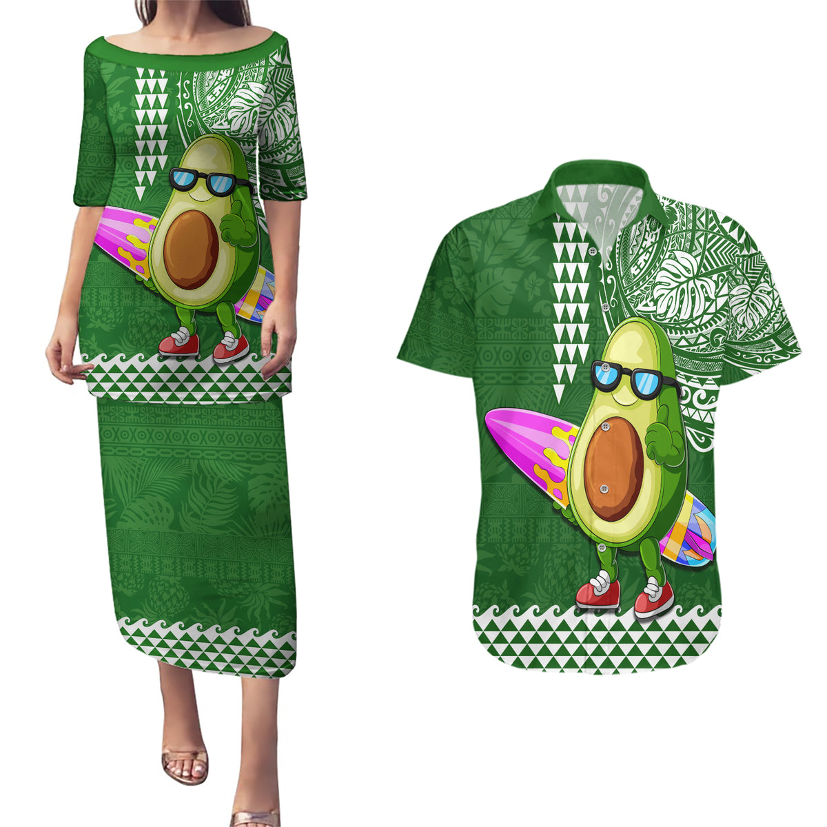 Aloha Avocado Funny Fruits Custom Couples Matching Puletasi Dress and Hawaiian Shirt Mix Hawaiian Kakau Tribal LT03 Green - Polynesian Pride