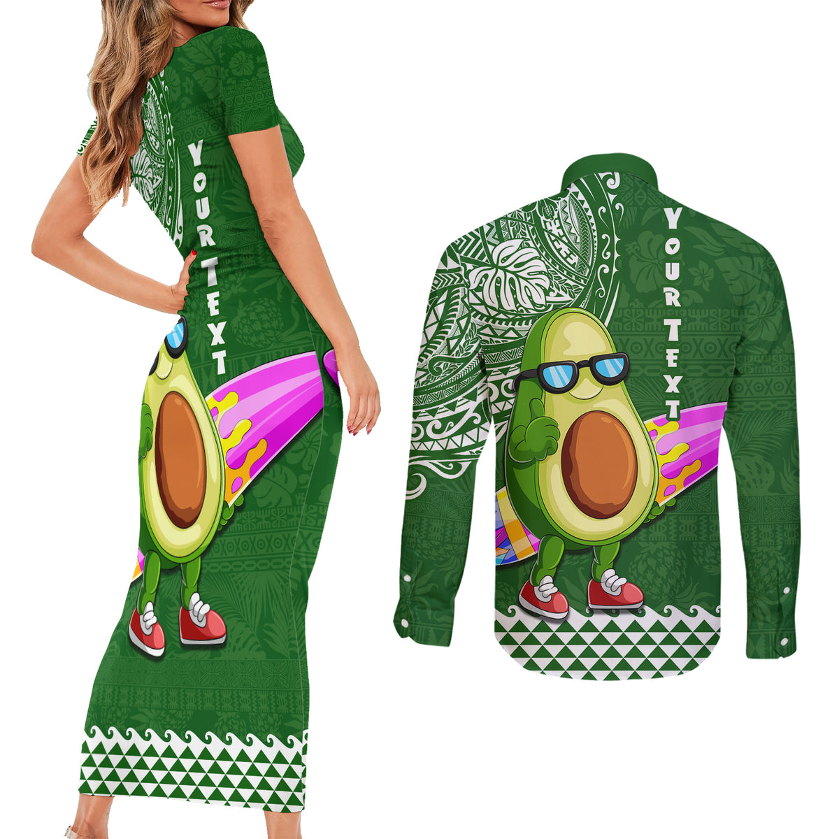 Aloha Avocado Funny Fruits Custom Couples Matching Short Sleeve Bodycon Dress and Long Sleeve Button Shirt Mix Hawaiian Kakau Tribal LT03 - Polynesian Pride