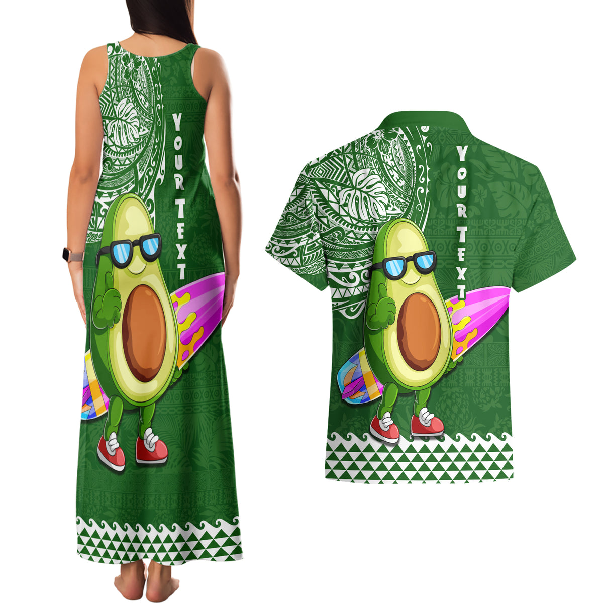 Aloha Avocado Funny Fruits Custom Couples Matching Tank Maxi Dress and Hawaiian Shirt Mix Hawaiian Kakau Tribal LT03 - Polynesian Pride
