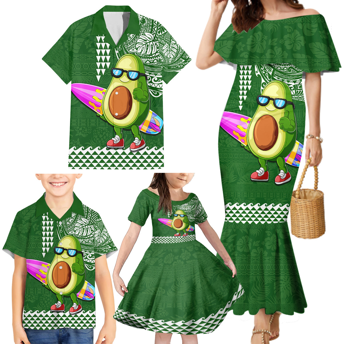 Aloha Avocado Funny Fruits Custom Family Matching Mermaid Dress and Hawaiian Shirt Mix Hawaiian Kakau Tribal LT03 - Polynesian Pride