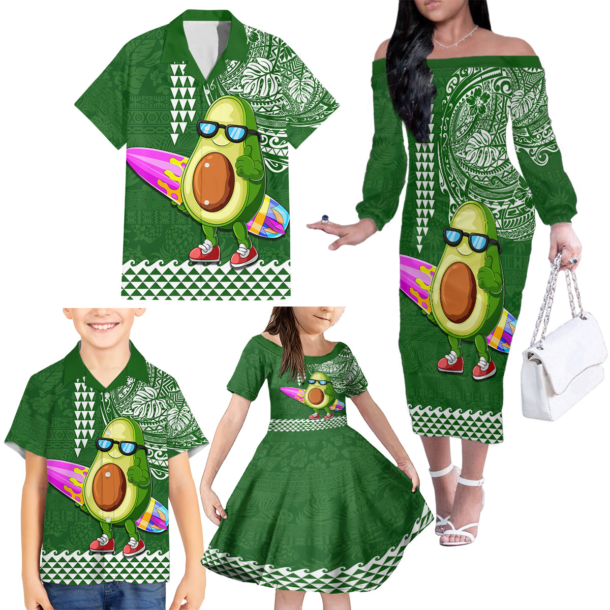 Aloha Avocado Funny Fruits Custom Family Matching Off Shoulder Long Sleeve Dress and Hawaiian Shirt Mix Hawaiian Kakau Tribal LT03 - Polynesian Pride