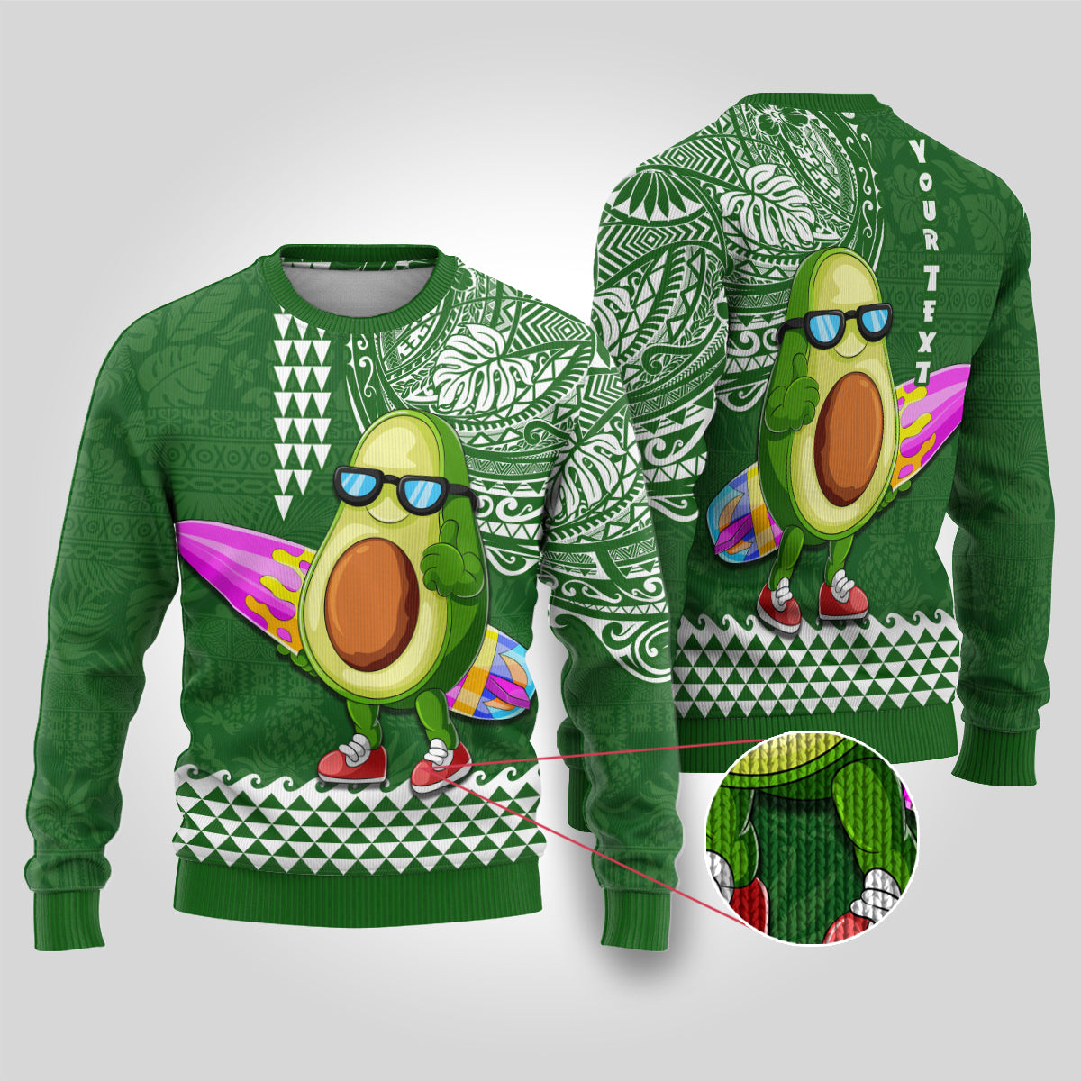 Aloha Avocado Funny Fruits Custom Ugly Christmas Sweater Mix Hawaiian Kakau Tribal LT03 Green - Polynesian Pride