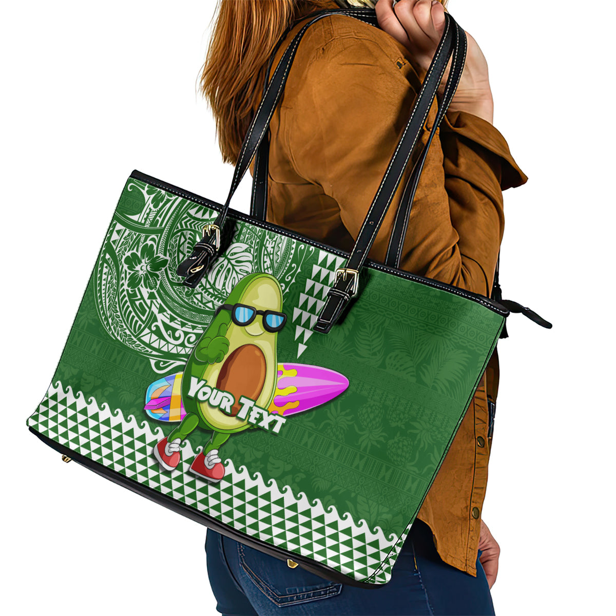 Aloha Avocado Funny Fruits Custom Leather Tote Bag Mix Hawaiian Kakau Tribal LT03 - Polynesian Pride