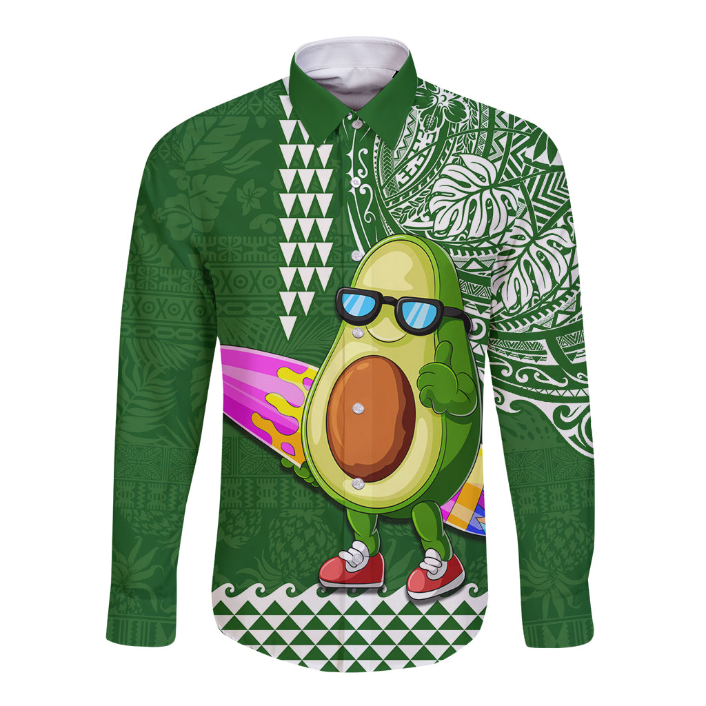 Aloha Avocado Funny Fruits Custom Long Sleeve Button Shirt Mix Hawaiian Kakau Tribal LT03 Unisex Green - Polynesian Pride