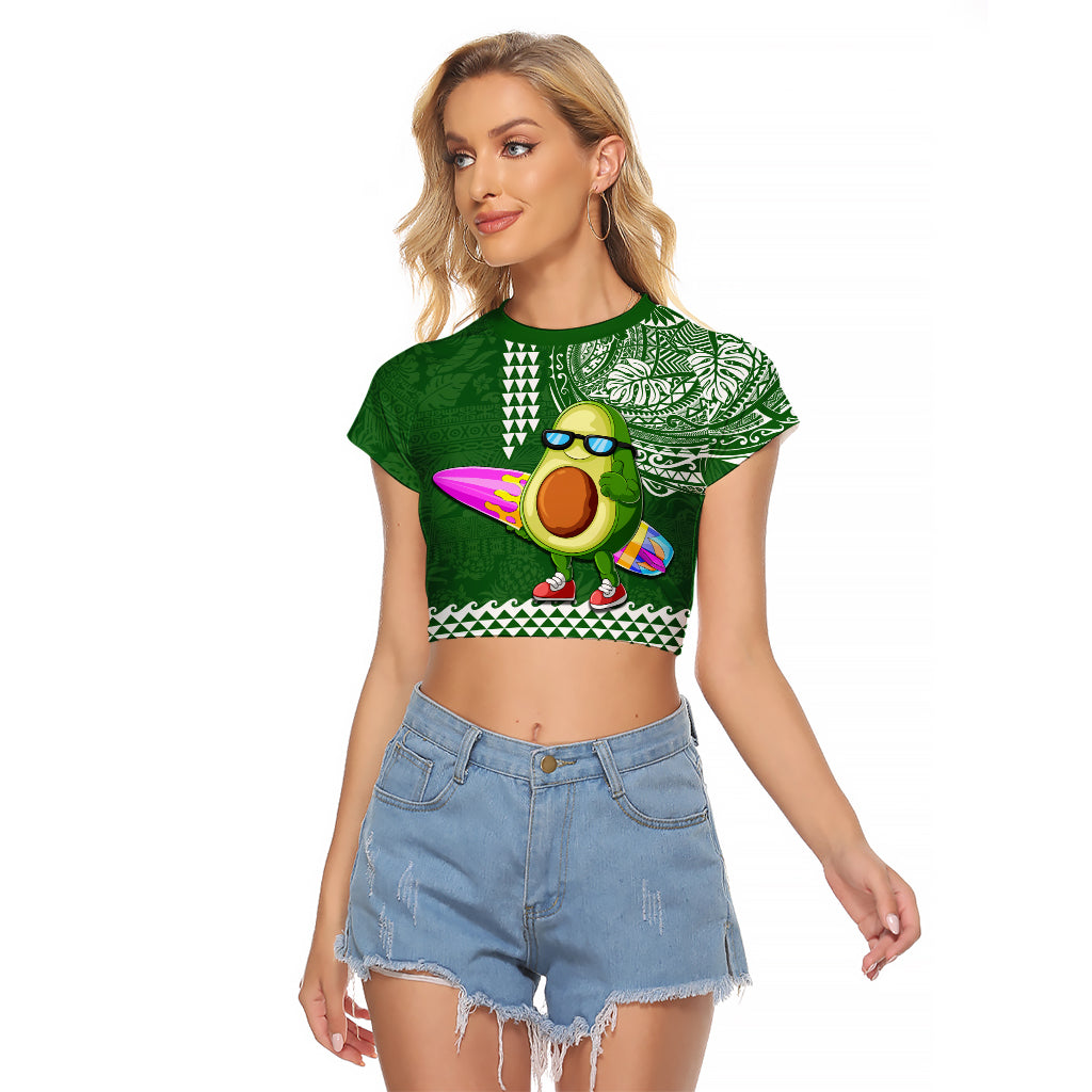 Aloha Avocado Funny Fruits Custom Raglan Cropped T Shirt Mix Hawaiian Kakau Tribal LT03 Female Green - Polynesian Pride