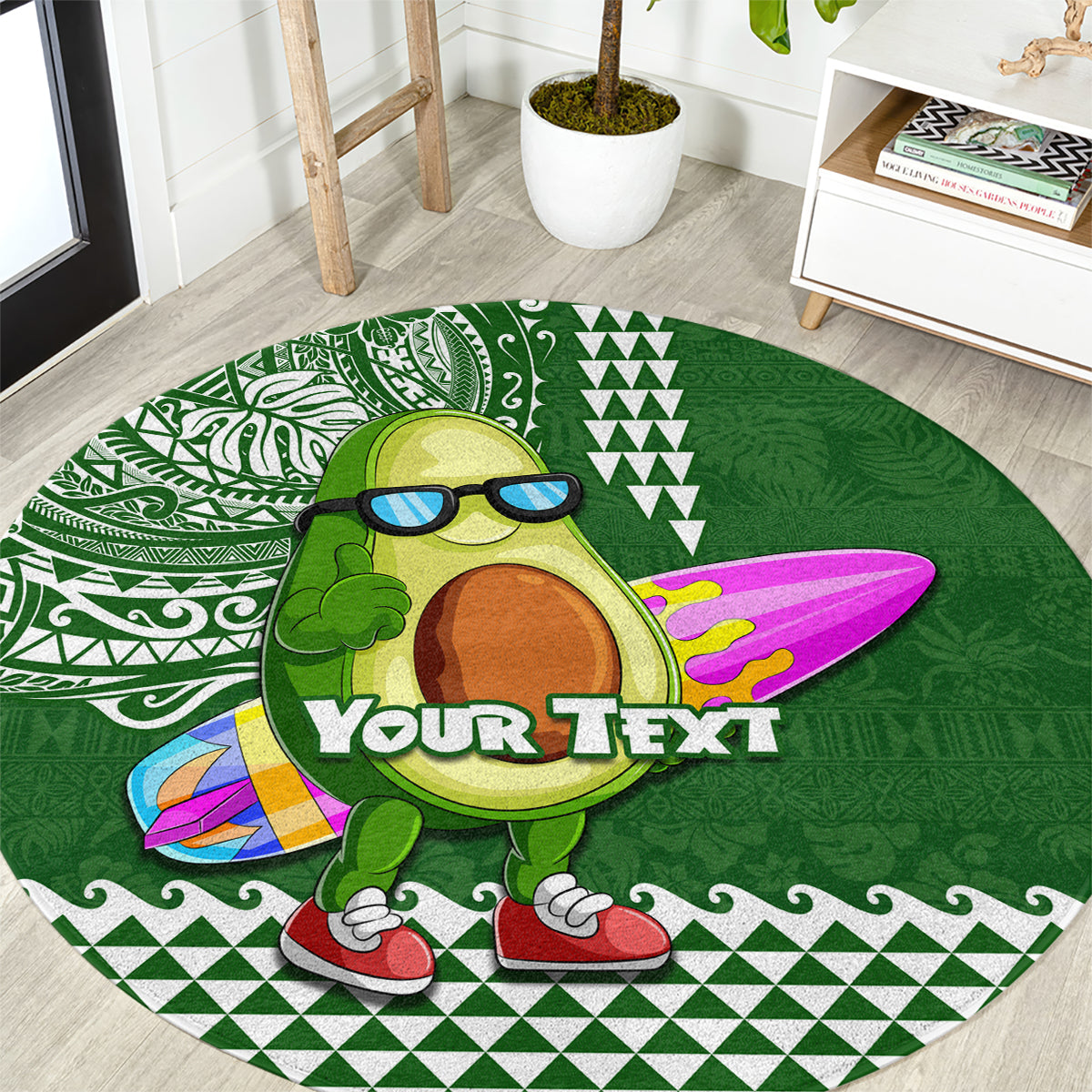 Aloha Avocado Funny Fruits Custom Round Carpet Mix Hawaiian Kakau Tribal LT03 Green - Polynesian Pride