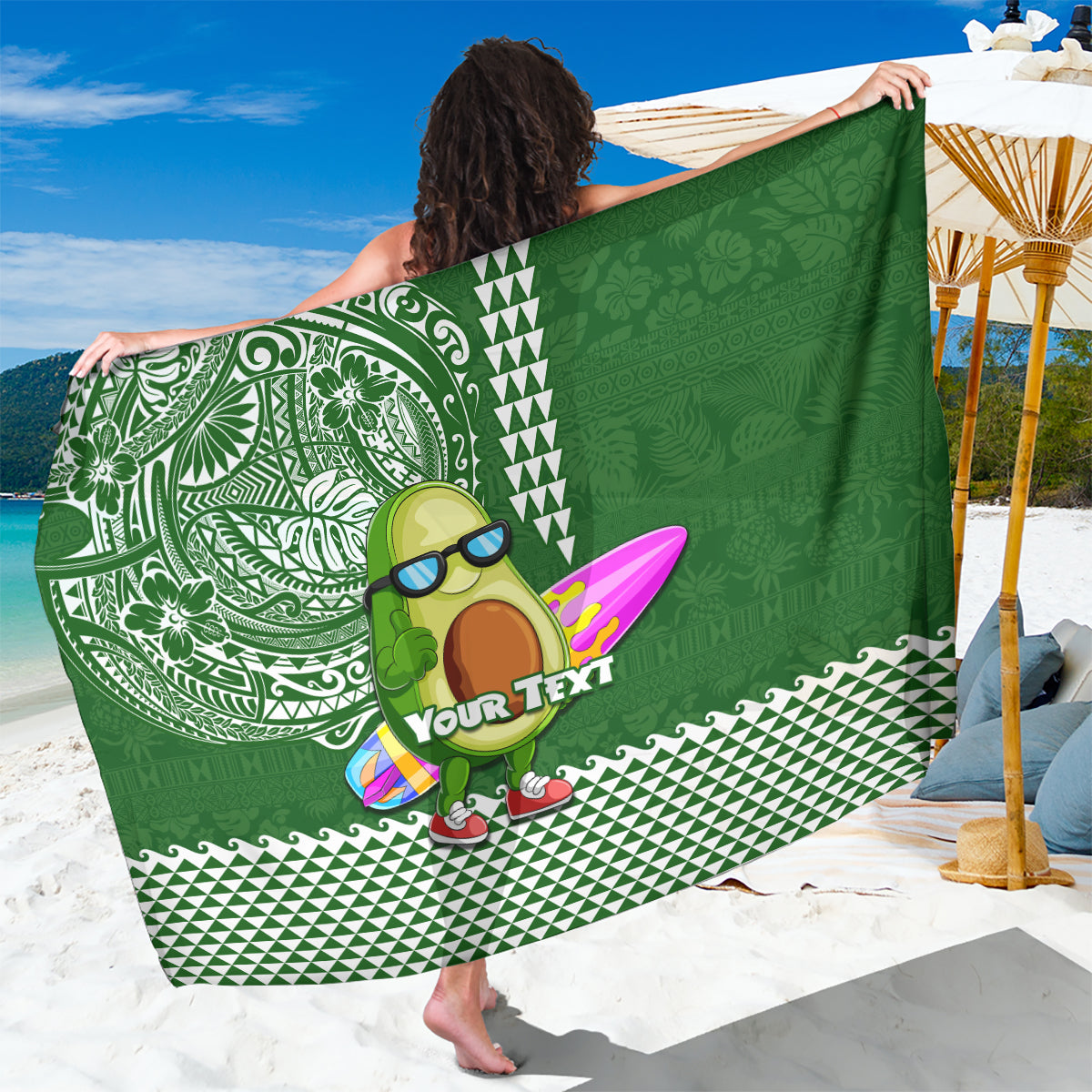 Aloha Avocado Funny Fruits Custom Sarong Mix Hawaiian Kakau Tribal LT03 One Size 44 x 66 inches Green - Polynesian Pride