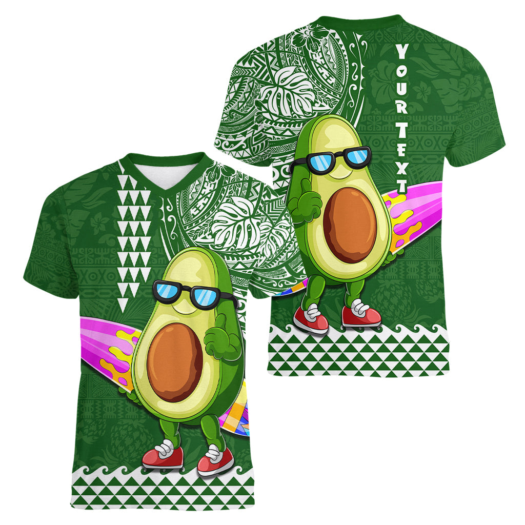 Aloha Avocado Funny Fruits Custom Women V Neck T Shirt Mix Hawaiian Kakau Tribal LT03 - Polynesian Pride