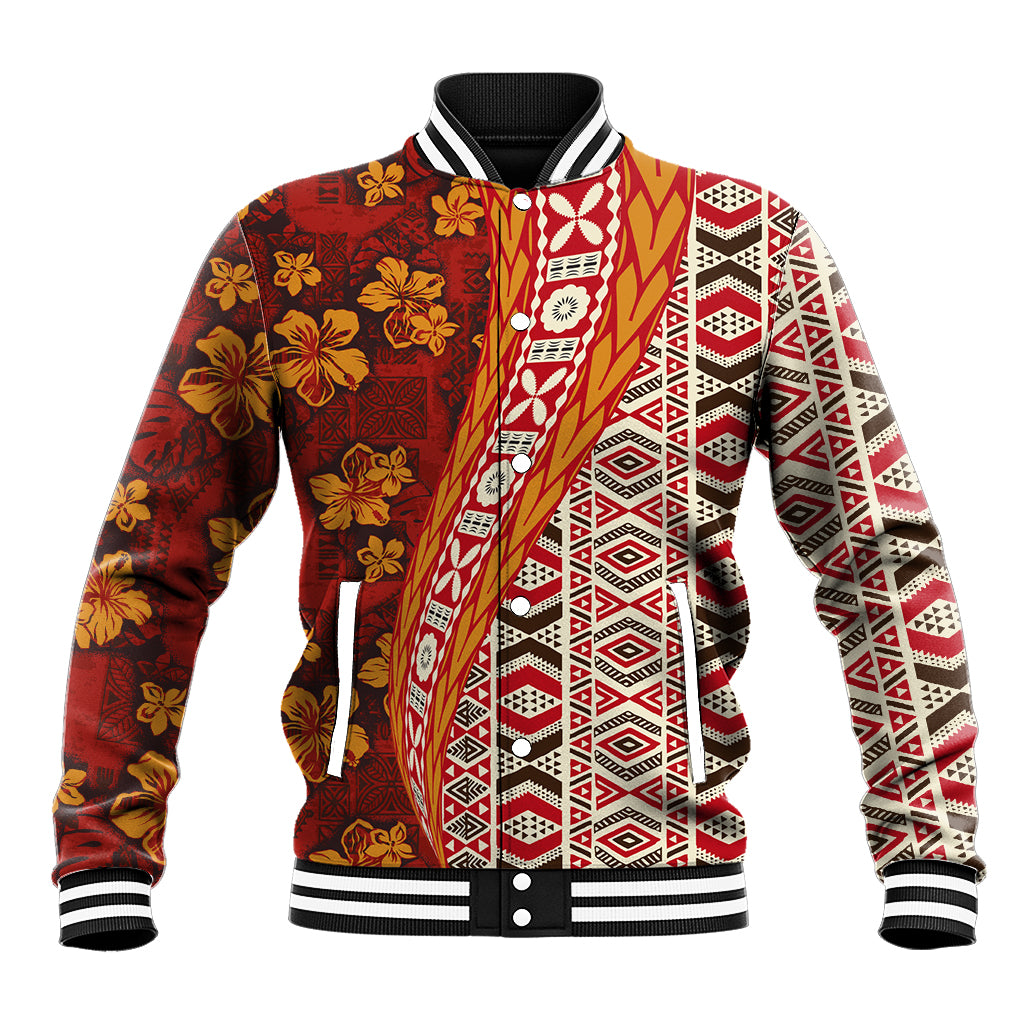 Hawaii Native Tapa Elements and Hibiscus Flowers Baseball Jacket LT03 Unisex Red - Polynesian Pride