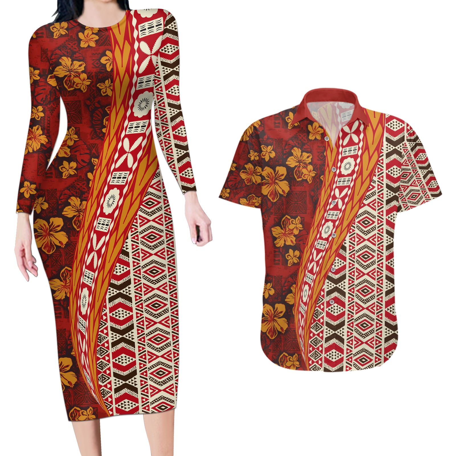 Hawaii Native Tapa Elements and Hibiscus Flowers Couples Matching Long Sleeve Bodycon Dress and Hawaiian Shirt LT03 Red - Polynesian Pride