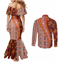 Hawaii Native Tapa Elements and Hibiscus Flowers Couples Matching Mermaid Dress and Long Sleeve Button Shirt LT03 - Polynesian Pride