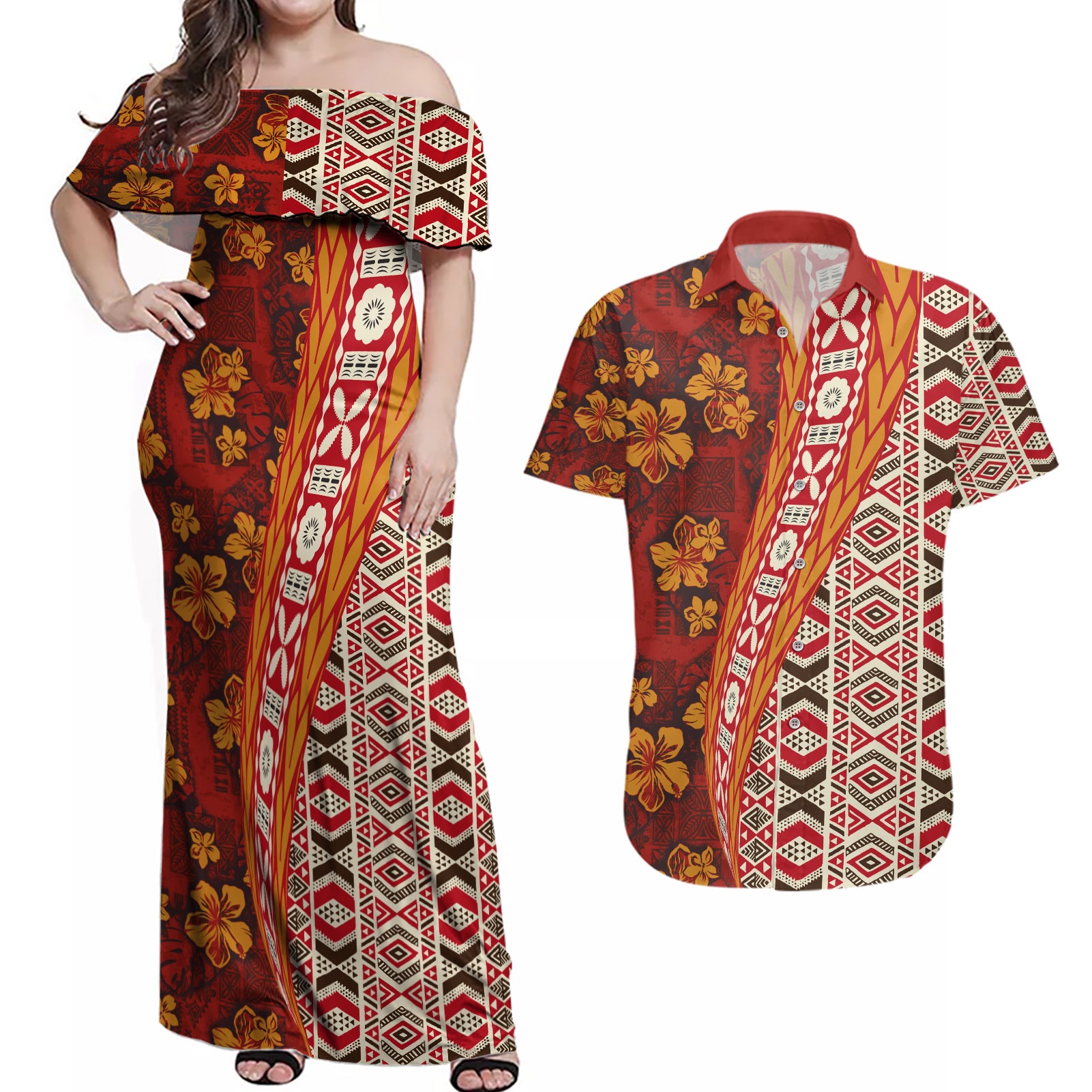 Hawaii Native Tapa Elements and Hibiscus Flowers Couples Matching Off Shoulder Maxi Dress and Hawaiian Shirt LT03 Red - Polynesian Pride