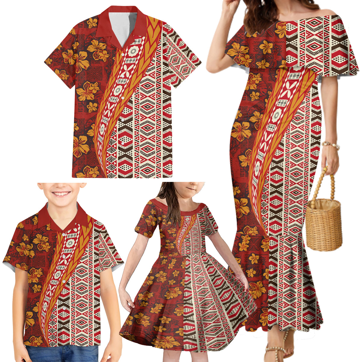 Hawaii Native Tapa Elements and Hibiscus Flowers Family Matching Mermaid Dress and Hawaiian Shirt LT03 - Polynesian Pride