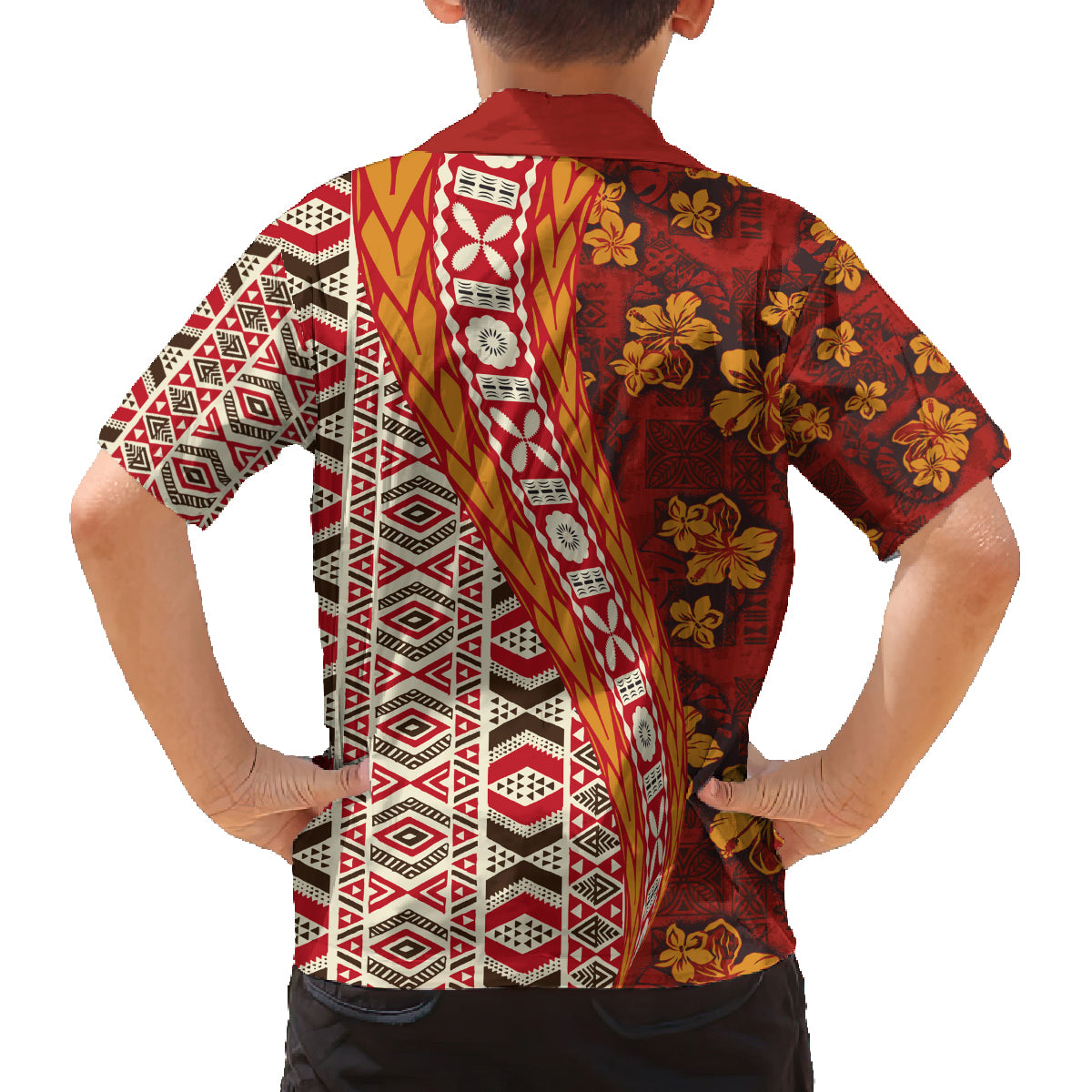 Hawaii Native Tapa Elements and Hibiscus Flowers Family Matching Off Shoulder Long Sleeve Dress and Hawaiian Shirt LT03 - Polynesian Pride