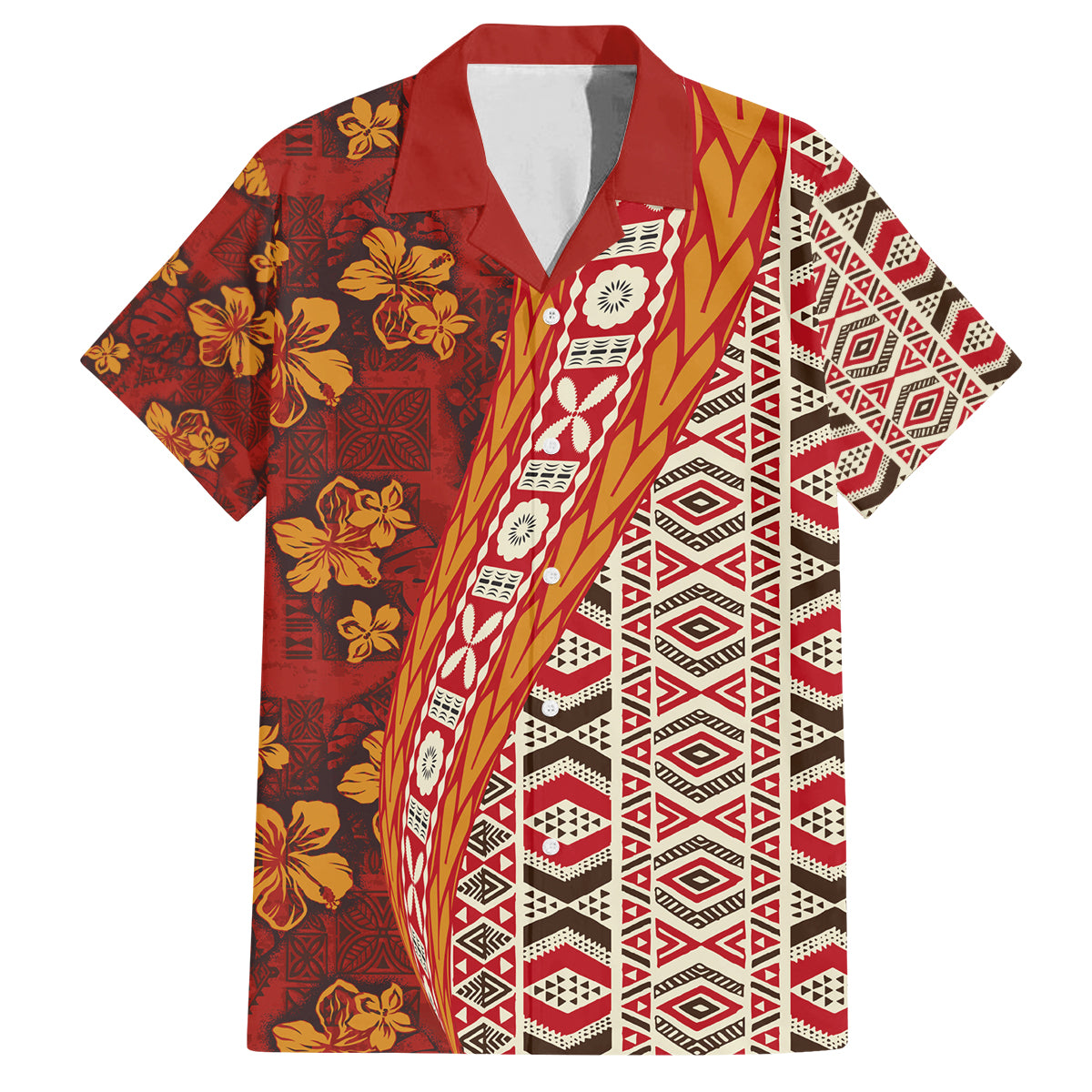 Hawaii Native Tapa Elements and Hibiscus Flowers Family Matching Off Shoulder Long Sleeve Dress and Hawaiian Shirt LT03 Dad's Shirt - Short Sleeve Red - Polynesian Pride
