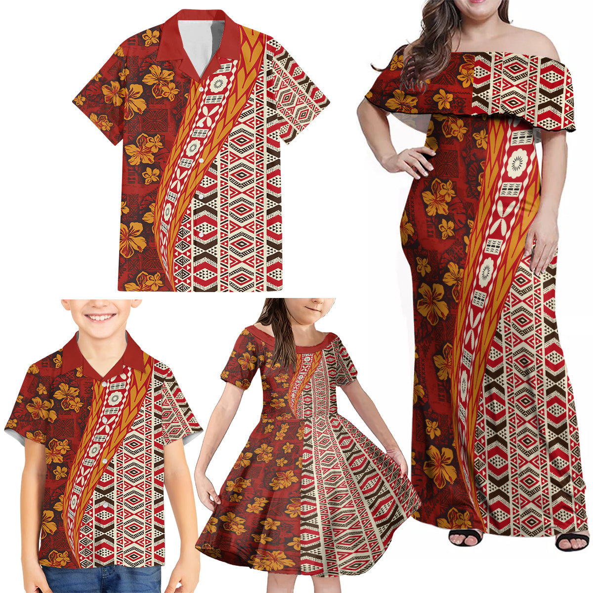 Hawaii Native Tapa Elements and Hibiscus Flowers Family Matching Off Shoulder Maxi Dress and Hawaiian Shirt LT03 - Polynesian Pride