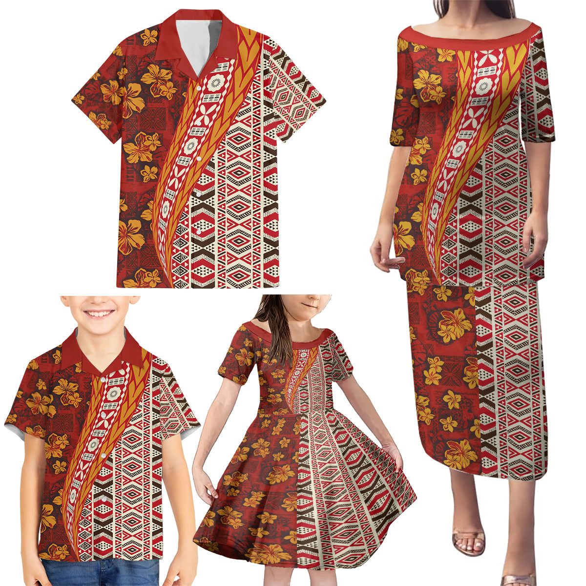 Hawaii Native Tapa Elements and Hibiscus Flowers Family Matching Puletasi and Hawaiian Shirt LT03 - Polynesian Pride