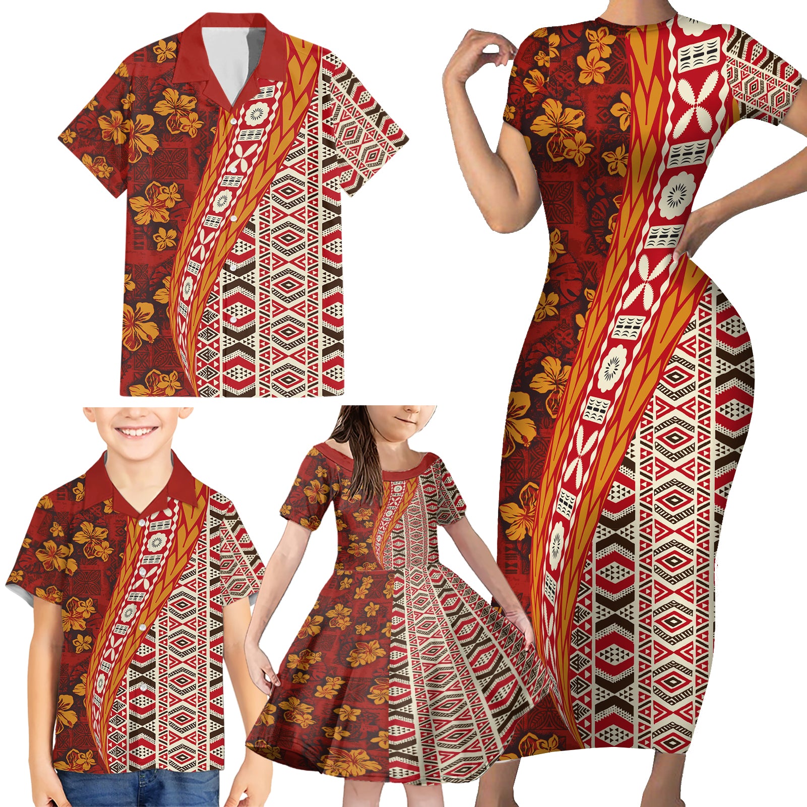 Hawaii Native Tapa Elements and Hibiscus Flowers Family Matching Short Sleeve Bodycon Dress and Hawaiian Shirt LT03 - Polynesian Pride