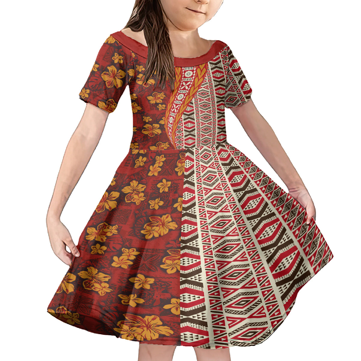 Hawaii Native Tapa Elements and Hibiscus Flowers Family Matching Tank Maxi Dress and Hawaiian Shirt LT03 Daughter's Dress Red - Polynesian Pride