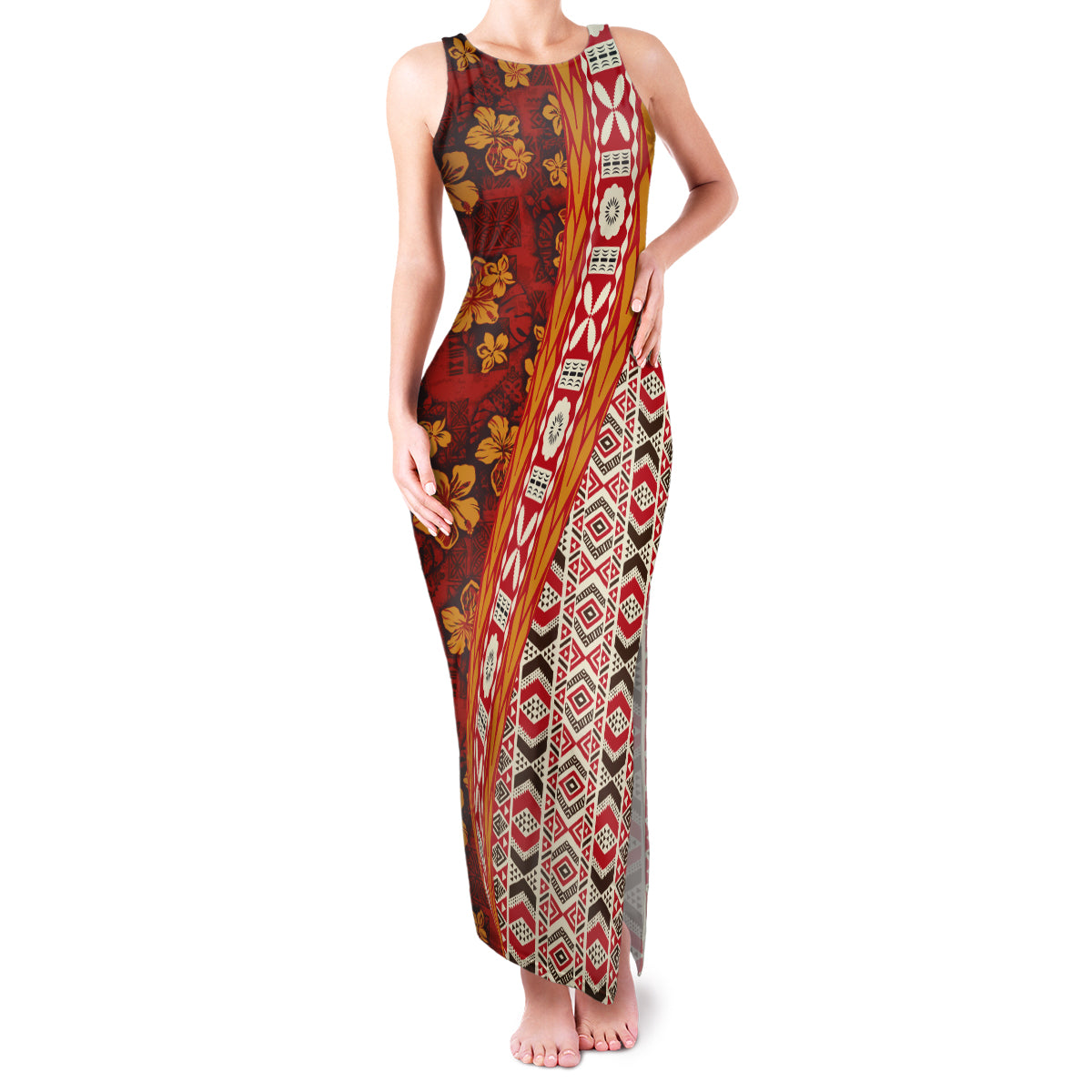 Hawaii Native Tapa Elements and Hibiscus Flowers Family Matching Tank Maxi Dress and Hawaiian Shirt LT03 Mom's Dress Red - Polynesian Pride