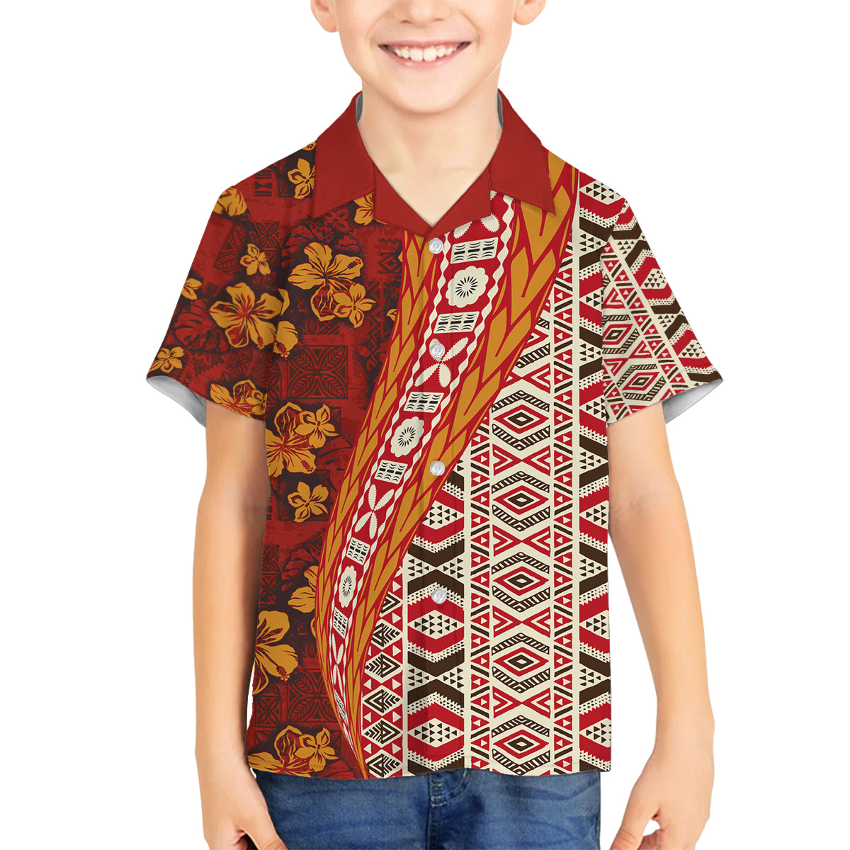 Hawaii Native Tapa Elements and Hibiscus Flowers Family Matching Tank Maxi Dress and Hawaiian Shirt LT03 Son's Shirt Red - Polynesian Pride