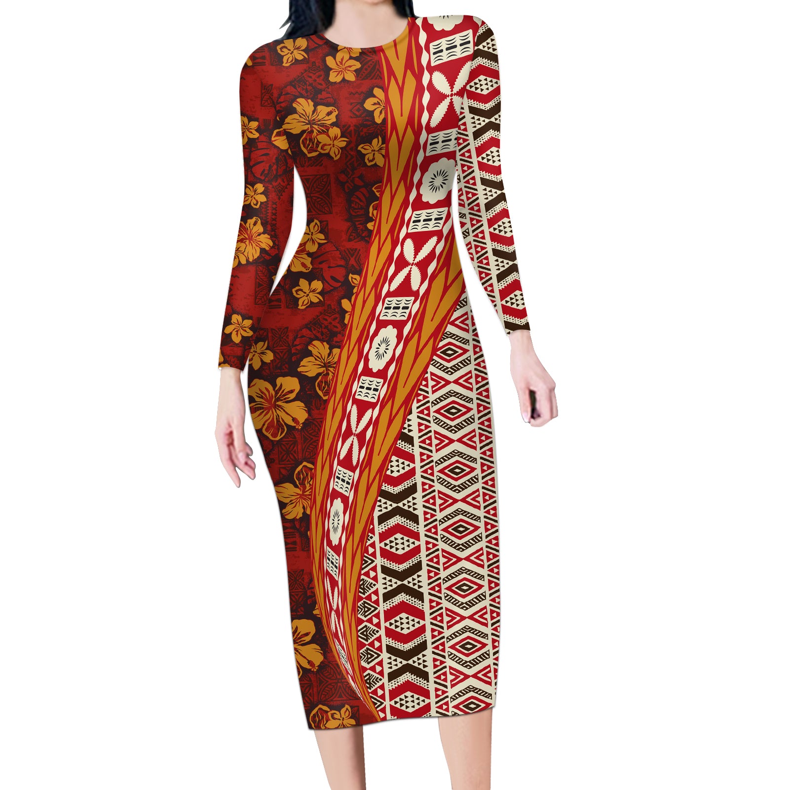 Hawaii Native Tapa Elements and Hibiscus Flowers Long Sleeve Bodycon Dress LT03 Long Dress Red - Polynesian Pride